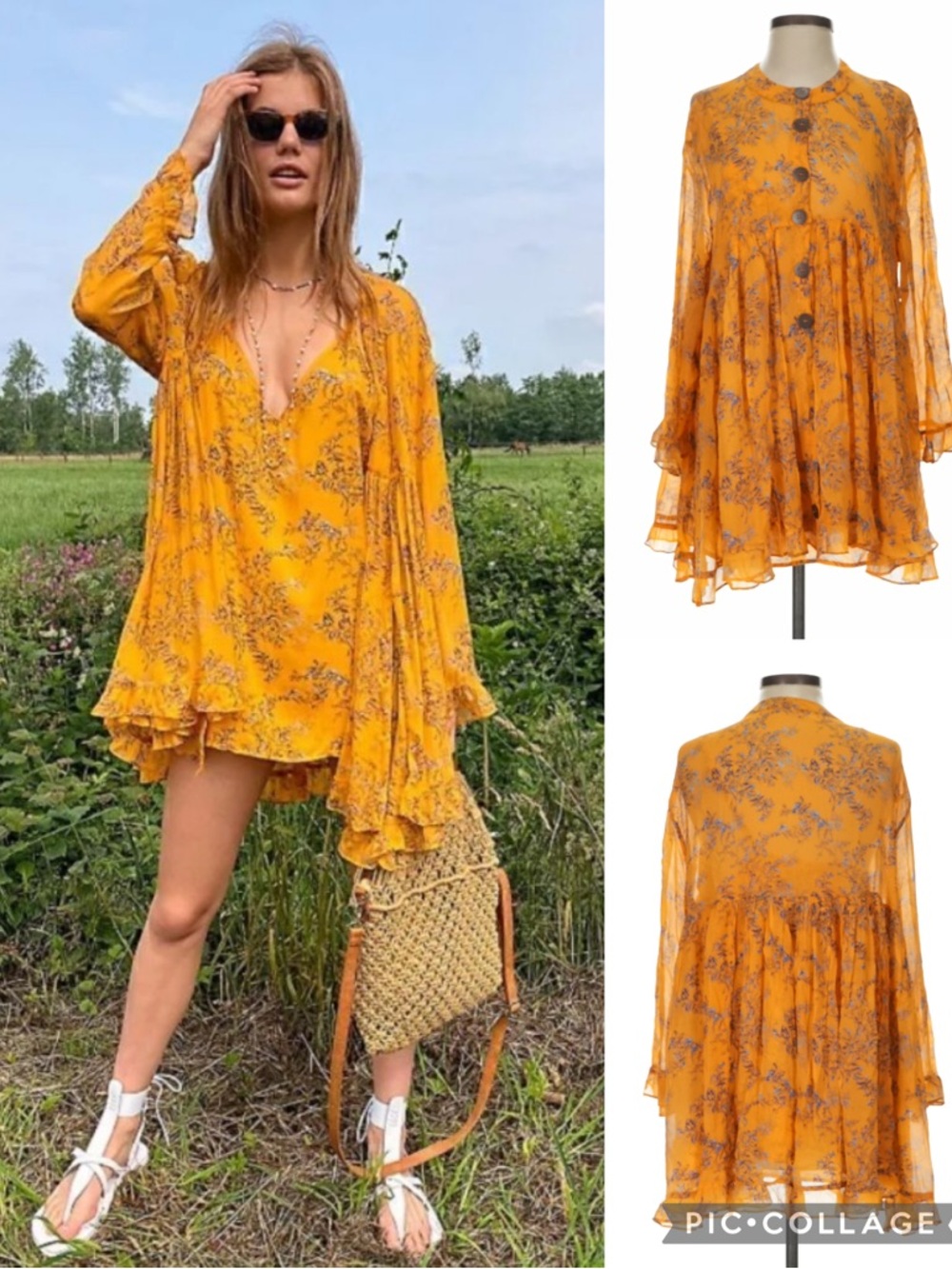 Free People Golden Yellow Ditsy Floral Babydoll Slip Dress Duster Set